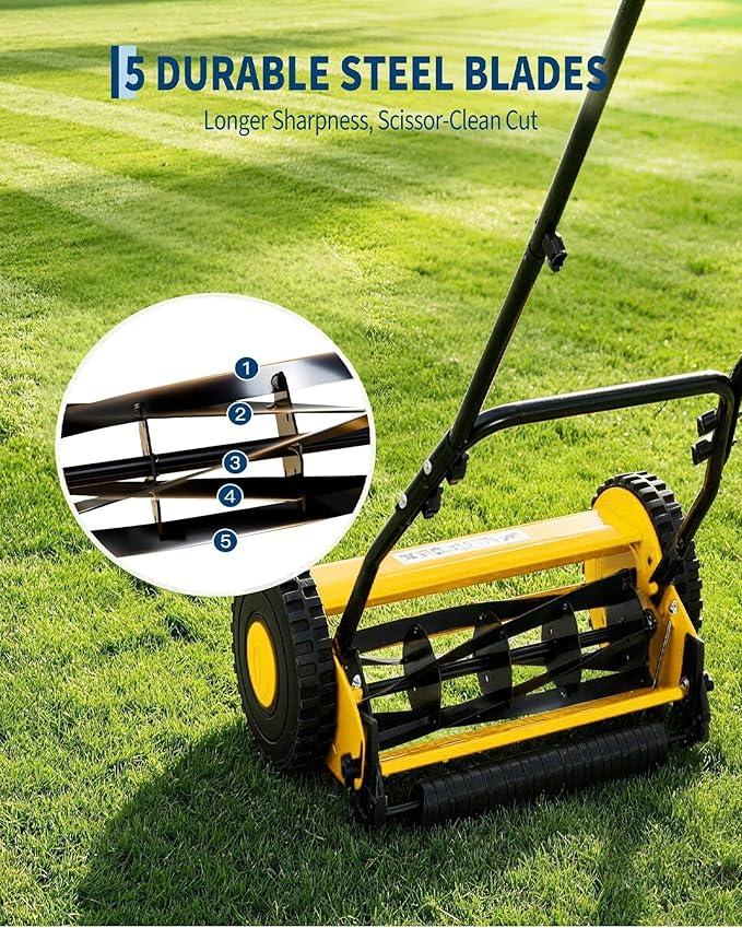 GarveeLife 5-Blade Push Reel Lawn Mower, 16-Inch Manual Push Grass Cutter, Adjustable Cutting Height, Lightweight & Easy Assembly for Small/Medium Yards, Compact Storage, Quiet Eco-Friendly