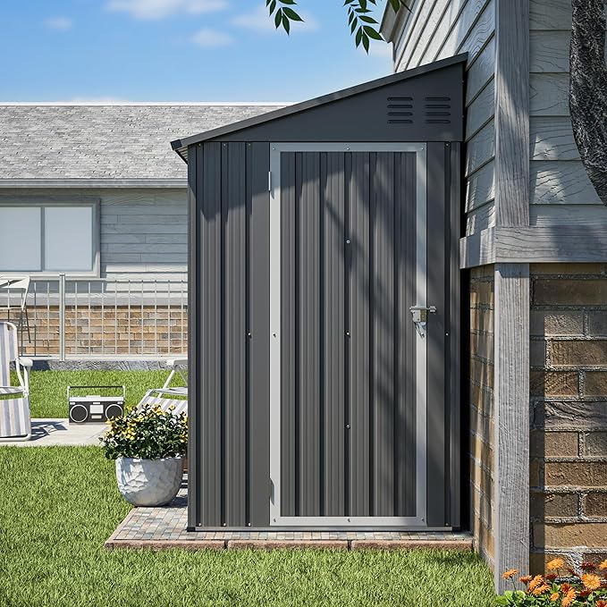 YOPTO 4x8 FT Lean to Outdoor Storage Shed,Metal Shed W/Floor Frame & Reversible Installation,All Weather Waterproof Garden Tool House W/Lockable Door & 2 Air Vents,for Backyard,Patio,Lawn,Gray