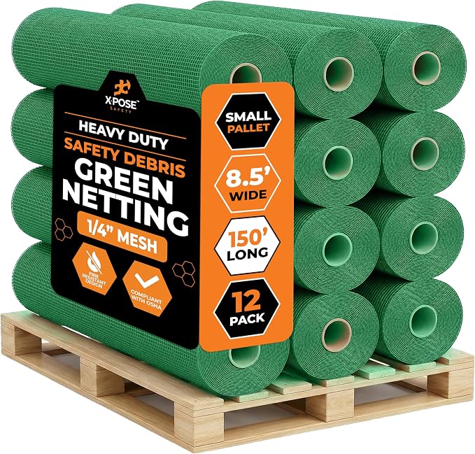 Xpose Safety Construction Safety Netting – 8.5' x 150', 1/4" Mesh Scaffold Safety Net, Temporary Material Roll, Visibility Fence, Heavy-Duty Fire Retardant, Green (12-Pack)