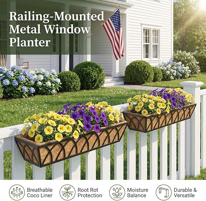 30 Inch 4 Pack Railing Planter with Adjustable Brackets, Window Box with Coco Liner, Hanging Metal Flower Box for Balcony Deck Fence Porch, Black