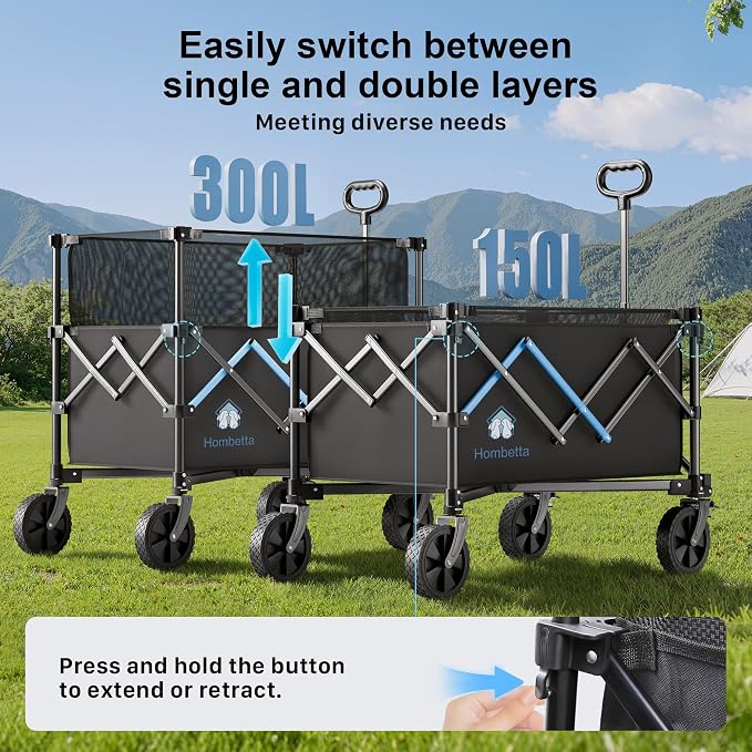39" Collapsible Wagon Cart, 450 lbs Heavy Duty Folding Wagon with Brakes, Adjustable 150L-300L Utility Wagon with All-Terrain Wheels for Camping, Garden, Beach and Shopping
