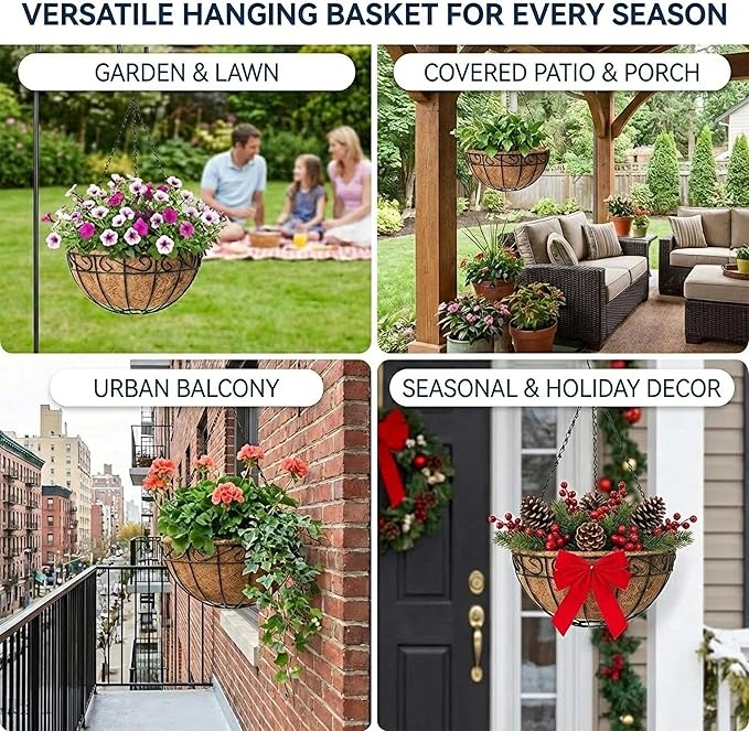 4 Pack 14 Inch Metal Hanging Planter Basket，Natural Round Coconut Hanging Plant Flower Pot，Coconut Coir Planter for Hanging Basket Flowers/Vegetables Home Garden Patio Decoration Flower