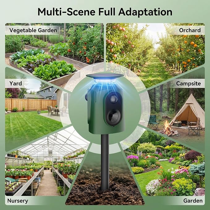 Solar Powered Cat Repellent Ultrasonic Deer Repellent 360 Degree Animal Deterrent Waterproof Squirrel Repeller with Flashing Light Outdoor Skunk Repellent Outdoor Yard Lawn Garden