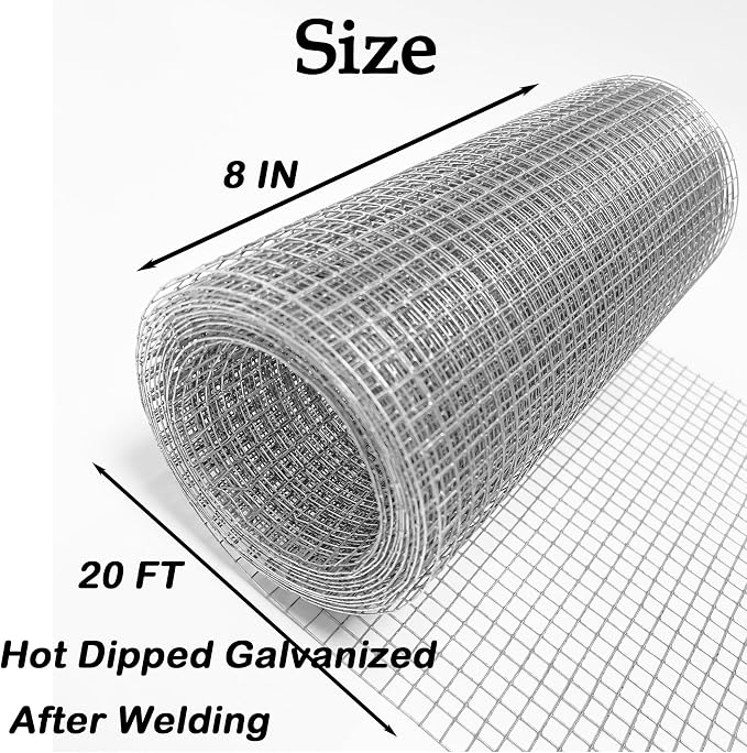 Hardware Cloth 1/4 inch 8INx20FT Galvanized After Welding 23 Gauge,Chicken Wire Mesh Screen Fence Wire Mesh Roll for Chicken Pen/Coop Fences, Garden Fences,Poultry Netting Cage