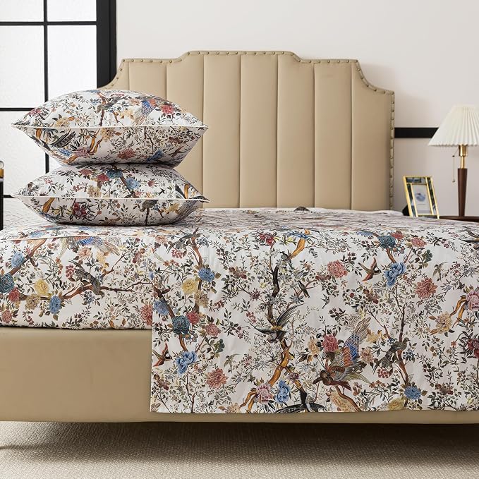 FADFAY Sheets Set Full Botanical Bird Floral Bed Sheets Set Vintage Mocha Mousse Farmhouse Bedding Shabby Branches Bedding 100% Egyptian Cotton Breathable Soft 17.7" Deep Pocket 4Pcs, Full Size