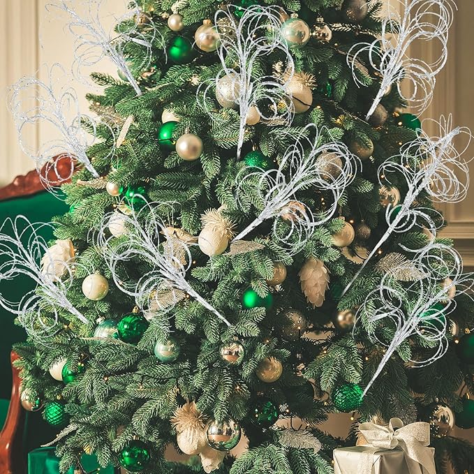 Yinder 18.5'' Glitter Curly Christmas Spray Wispy Christmas Picks Artificial Curly Twigs Branches for Vases Glitter Branches for Xmas Tree Vases Wreath Garland Banquet Decoration, 5 Pieces(Silver)