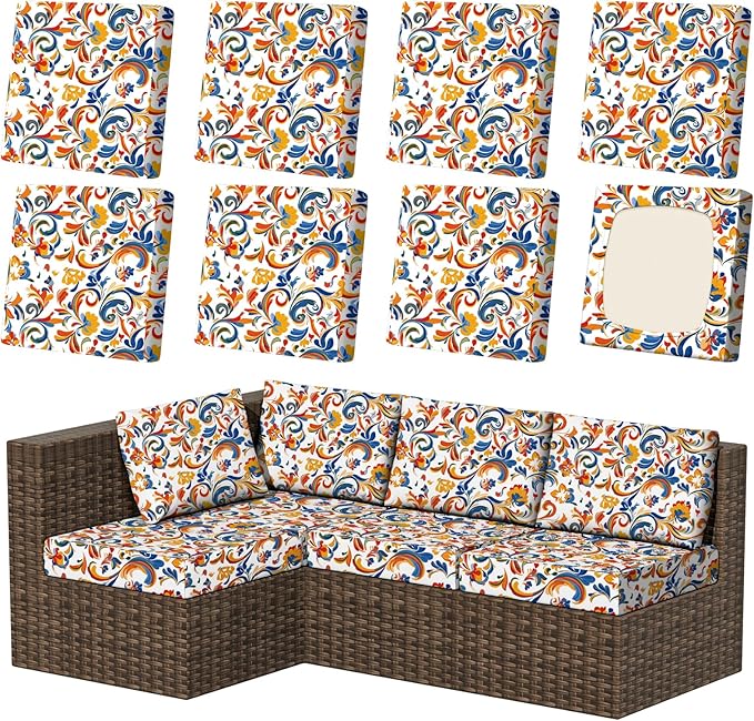 8Pcs Patio Stretch Cushion Covers, Outdoor Couch & Sofa Replacement Slipcovers for Patio Furniture Cushion Covers, Washable Reusable Furniture Protector, Square Large, Painting