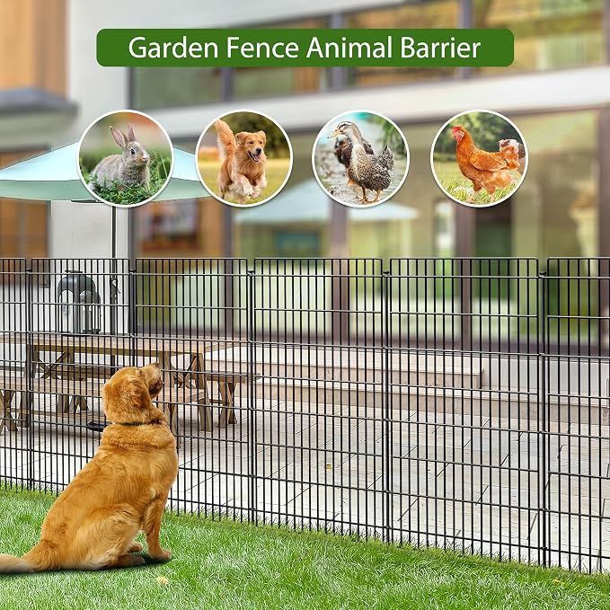10 Panels No Dig Metal Garden Fence, 48 in (H) x 25.3 ft (L), Tall Animal Barrier Rustproof Outdoor Border for Dogs Rabbits, Decorative Wire Fencing for Yard Patio Temporary Fence with Stakes, Black
