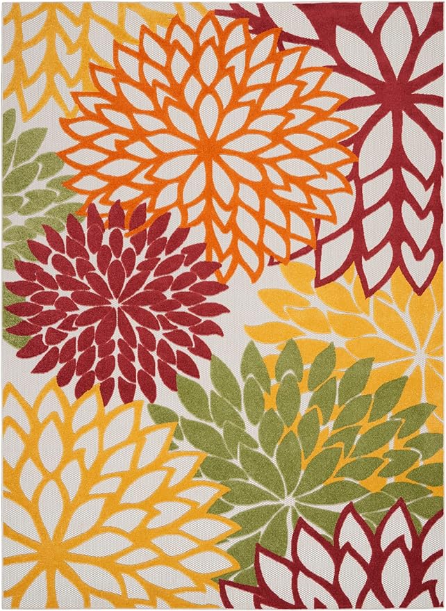 Nourison Home Aloha Indoor/Outdoor Red Multi Colored 9' x 12' Area Rug, Tropical, Botanical, Easy Cleaning, Non Shedding, Bed Room, Living Room, Dining Room, Deck, Backyard, Patio (9x12)
