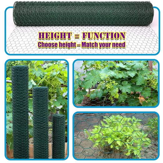 24in×150ft Chicken Wire Roll Hexagonal Netting Galvanized PVC Coated 1in Mesh Garden Poultry Fencing Barrier Animal Plants Hardware Cloth Crafts for/Rabbit/Floral/Chicken Coop/DIY Projects