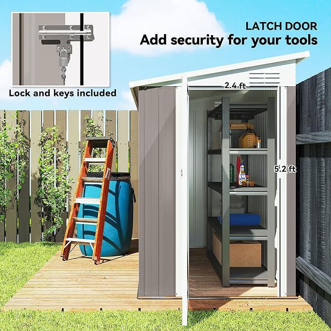 Outsunny 4' x 8' Metal Outdoor Storage Shed, Lean to Storage Shed, Garden Tool Storage House with Lockable Door and 2 Air Vents for Backyard, Patio, Lawn, Light Gray