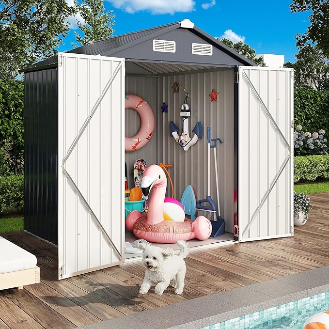 IRONCK 5.7x5.7FT Storage Shed, Outdoor Tool Shed with Lockable Doors and Breathable Vent, Outside Metal Garden Storage for Poolside, Backyard, Patio, Dark Blue
