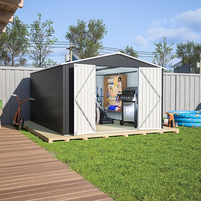 KEIKI Storage Shed 10x12 FT, Large Metal Tool Shed for Outdoor Storage, Galvanized Steel Garden Shed with Lockable Doors for Patio, Backyard, Lawn, Black