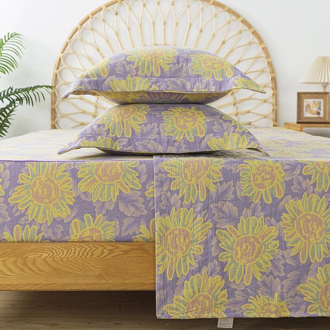 FADFAY Sunflower Sheets Set Queen Vintage Yellow Purple Floral Bedding Shabby Farmhouse Bedding Super Soft Washed Double -Layer Muslin Sheets 100% Cotton Deep Pocket Fitted Sheet 4Pcs, Queen Size
