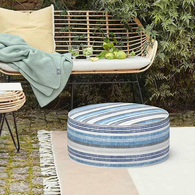 LVTXIII Inflatable Stool Ottoman Footrest with Handle, Decorative Fade-Resistant Foot Stool, Indoor or Outdoor Pouf for Home Garden and Camping Use, D21 x W 21 x H9, Stripe Layered Blue