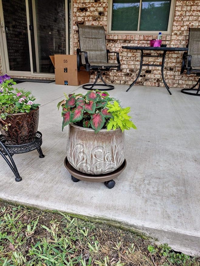 14 Inch Plant Caddy with Wheels, 2 Pack Heavy Duty Round Plant Dolly Tray, Rolling Plant Stand for Indoor Outdoor Use, Brown