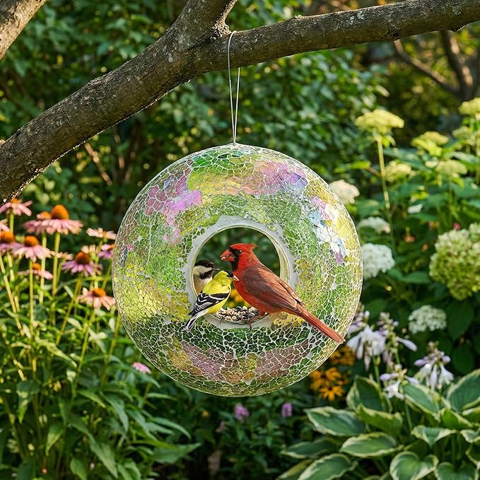 Fly Through Wild Bird Feeder Garden Hanging Bird Feeder Mosaic Circle for Outdoor Decoration,Green
