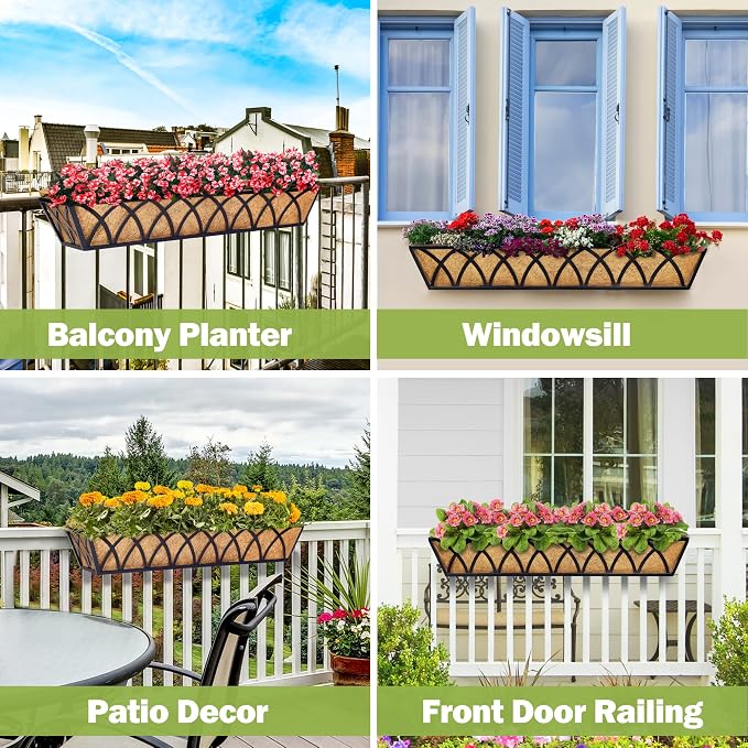HFHOME 30 Inch Railing Planter Box with Coco Liners and Adjustable Brackets for Porch, Fence, Patio, Balcony Hanging Flower Railing Baskets, Outdoor Garden - 6 Packs
