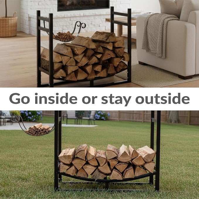 Sunnydaze 33 Inch Indoor Firewood Rack with Kindling Log Holder - Heavy-Duty 1/4 Cord Outdoor Wood Storage for the Fire Pit or Fireplace - Bronze