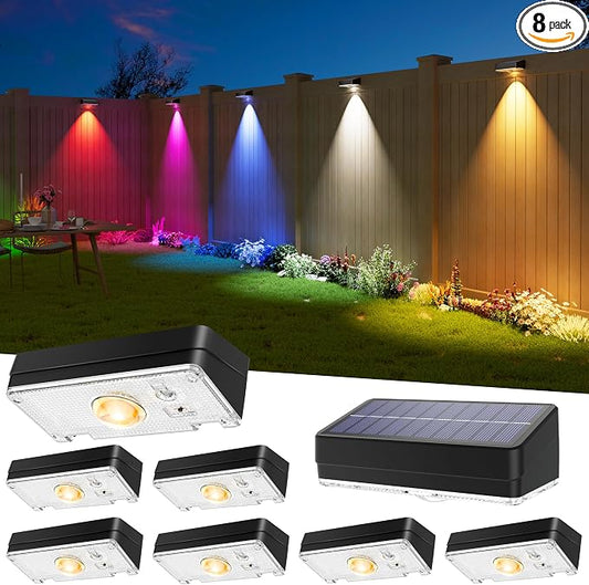 JOFIOS Solar Fence Lights Outdoor, 8 Pack, 50LM Ultra Bright, 3 Color Temperatures & RGB, IP65 Waterproof, Dusk-to-Dawn Solar Powered Fence Lights for Patio, Railing (Black)