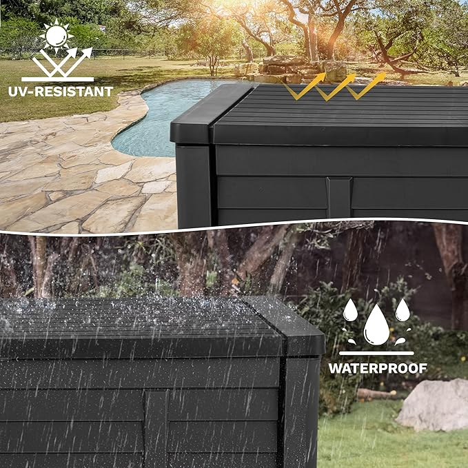 DWVO 150 Gallon Louvered Outdoor Storage Box, Lockable Resin Deck Box for Pillows, Tools, and Pool Supplies - Black