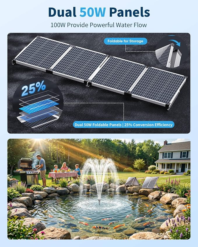 Antfraer 100W Solar Pond Pump, 1200GPH Solar Powered Water Fountain Pump with 3 Spray Nozzles, Solar Waterfall Pump & Solar Pond Aerator for Medium-Large Koi Pond Outdoor Garden Water Feature