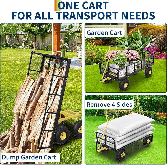 GarveeLife 900 LBS Garden Dump Cart with Removable Sidewalls, Heavy Duty Steel Dump Wagon with 180° Swivel Handle & 10 in Tires, Yard Cart Utility Wheelbarrow for Backyard Farm