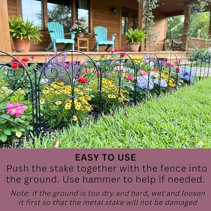 ShopLaLa Bundle- 10 Pack,16.5 Inch Decorative Garden Fence + 2 Pack, 16 Inch Metal Basket with Coco Liner Railing Fence Strawberry Plant Box Flower Bed Rustproof Landscape Edging Outdoor Garden Border