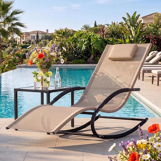 Garvee Outdoor Lounge Chair, Rocking Chair, Lounge Chair Recliner with Detachable Pillow for Patio, Lawn, Pool, Outdoor Home Furniture, Brown