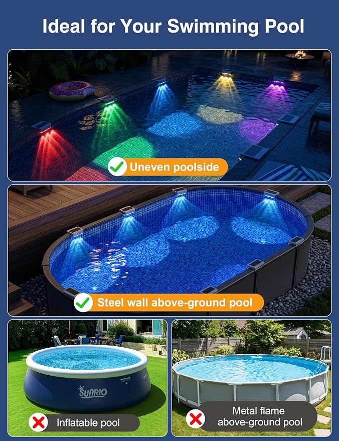 APONUO 4 Pack Solar Pool Lights, Pool Solar Lights for Above Ground Pools, RGB Color Changing, IP65 Waterproof Solar Pool Lights for Inground Pool, Pond, Fountain, Yard