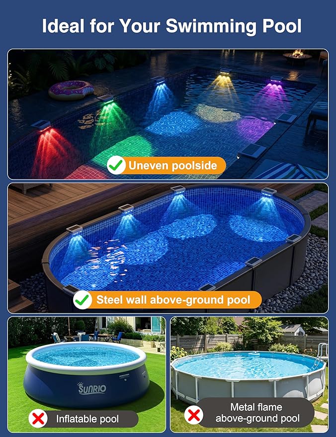 APONUO 6 Pack Solar Pool Lights, Pool Solar Lights for Above Ground Pools, RGB Color Changing, IP65 Waterproof Solar Pool Lights for Inground Pool, Pond, Fountain, Yard