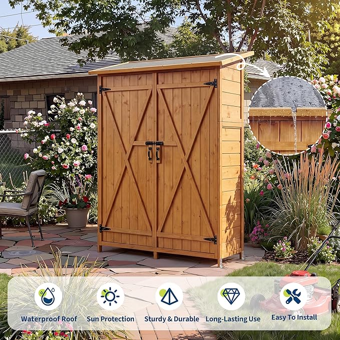 Outdoor Storage Cabinet with 2 Shelves & Lockable Doors- Wooden Garden Shed with Floor and Waterproof Roof for Patio, Backyard, Deck, Lawn Organization Tall Wood Tool Shed, Large Storage Space