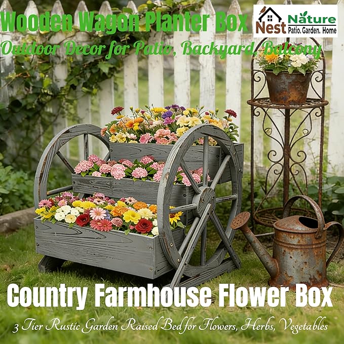 3 Tier Large Wooden Wagon Planter Box|Outdoor Planter/Flower Pot for Indoor&Outdoor Plants-Rustic Garden Planter for Patio,Porch&Garden Decor-Raised Garden Bed for Succulents,Herbs,Vegetables