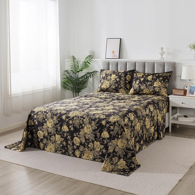 FADFAY Rose Sheets Set Cal King Vintage Black Gold Floral Bedding Shabby Peony Botanical Sheets Farmhouse Bedding 800 Thread Count 100% Egyptian Cotton Deep Pocket Fitted Sheet 4Pcs, California King