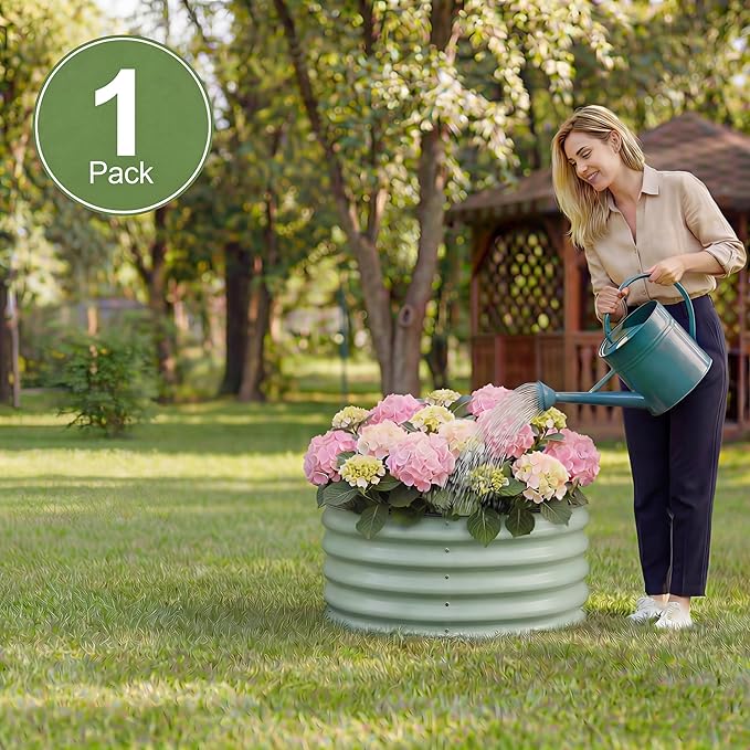 Sponvatt 1Pcs Round Galvanized Raised Garden Bed Kit 24 x 12 Inch Metal Planter Box Outdoor with Safety Rubber Edge Trim Rust Proof Weather Resistant Circular Steel Garden Beds Sage Green 12 Inch Deep