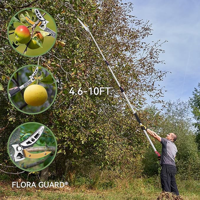FLORA GUARD Extendable Tree Pruner 4.6-10ft, Telescoping Pole Pruner & Pole Saw with Cut & Hold Fruit Picker, Lightweight Long Reach Branch Trimmer for High Trees