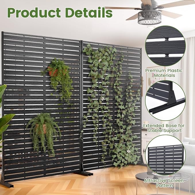 Outdoor Privacy Screen 72" H HDPE Decorative Panel Freestanding Privacy Fence with Stand, Privacy Screens with Louvered 6 Panels, Weather-Resistant Panel Fence for Patio, Balcony, Pool,Black