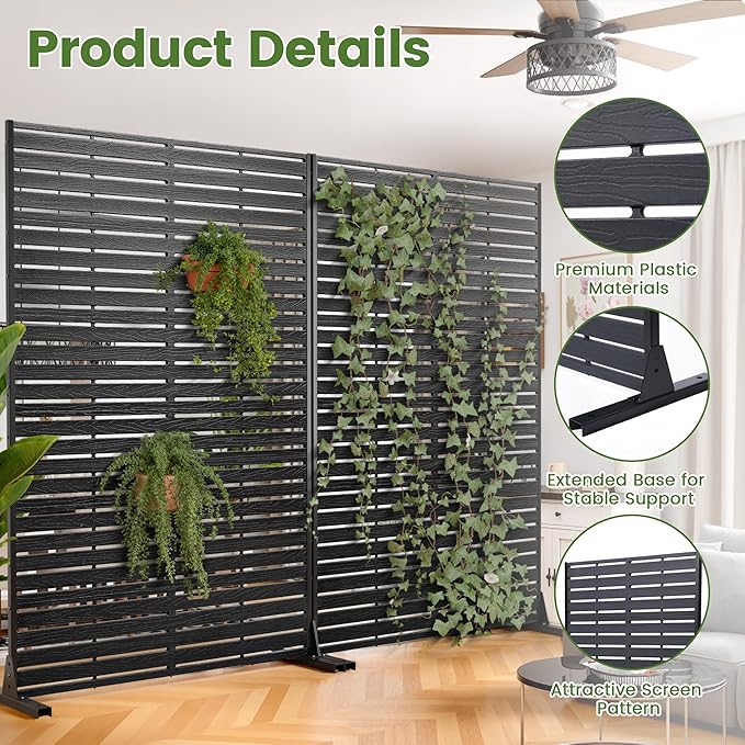 Outdoor Privacy Screen 72" H HDPE Decorative Panel Freestanding Privacy Fence with Stand, Privacy Screens with Louvered 6 Panels, Weather-Resistant Panel Fence for Patio, Balcony, Pool,Black