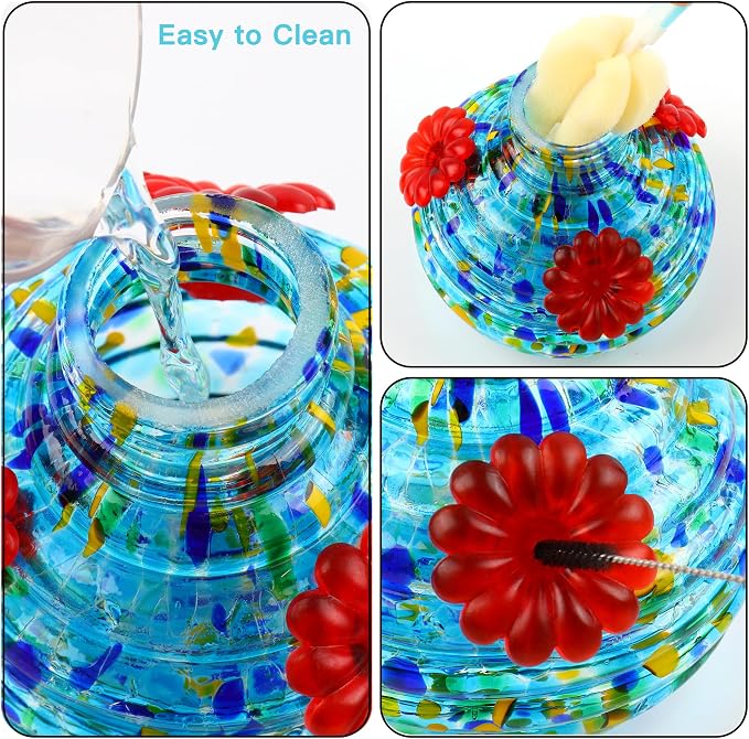 VOREEN Solar Hummingbird Feeder with Solar-Powered LED Light, Hand-Blown Glass 17 oz Hanging Outdoor Nectar Feeder, Waterproof Rust-Proof Easy-Clean Design, Eco-Friendly Garden Decor