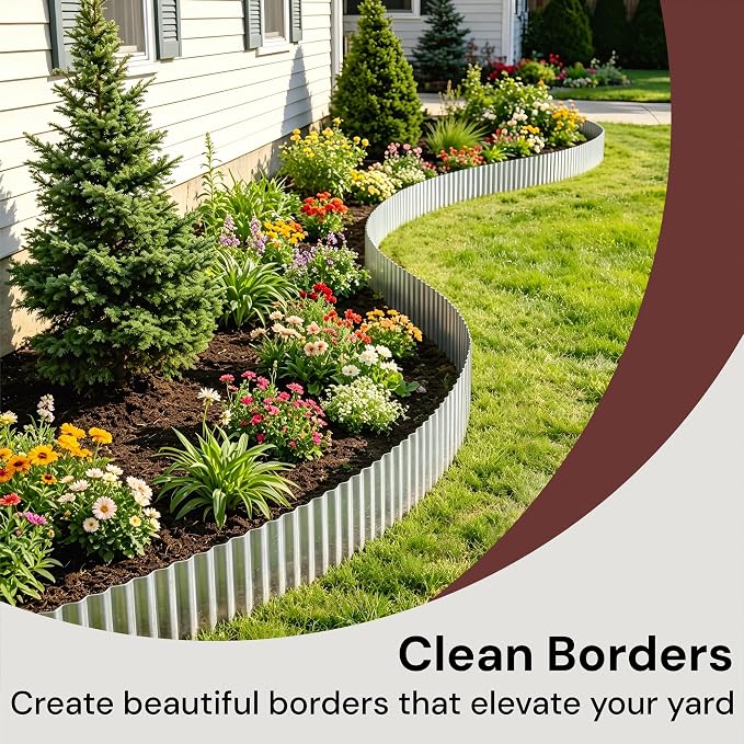 Corrugated Metal Garden Edging 6" x 25 ft, Landscape Edging Border | Fully Hemmed Edges, Galvanized Steel, Flexible Lawn Edging for Tree Rings, Flower Beds, Gravel Paths and Garden Borders