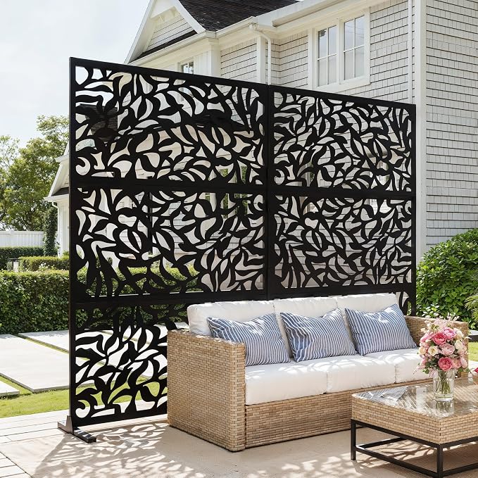 Garvee 72" H x 47" W Outdoor Metal Privacy Screen, Freestanding Laser Cut Decorative Fence Panel with Stand, Weatherproof Galvanized Steel Privacy Screens, for Patio Garden Balcony Backyard, Black