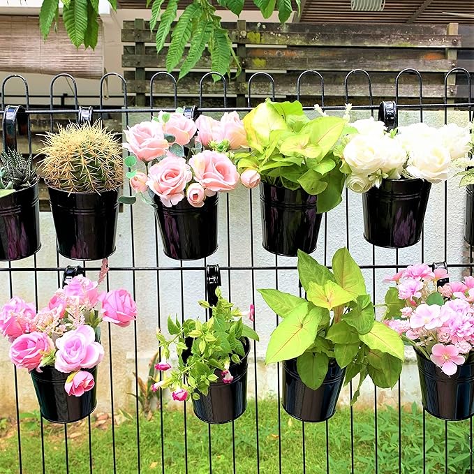 LaLaGreen Bundle- 10 Pack, 4 Inch Black Metal Pot + 4 Pack, 12 Inch Self Watering Pot Geometric Hanging Vertical Wall Mounted Flower Vase Balcony Porch Home Decor Succulent Herbs Plant Holder Garden