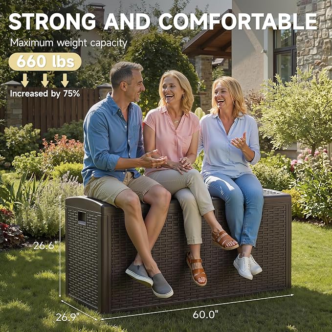 150 Gallon Deck Box, Double Layer Waterproof Resin, Lockable & UV Resistant Storage Box for Patio, Garden, Pool, Brown