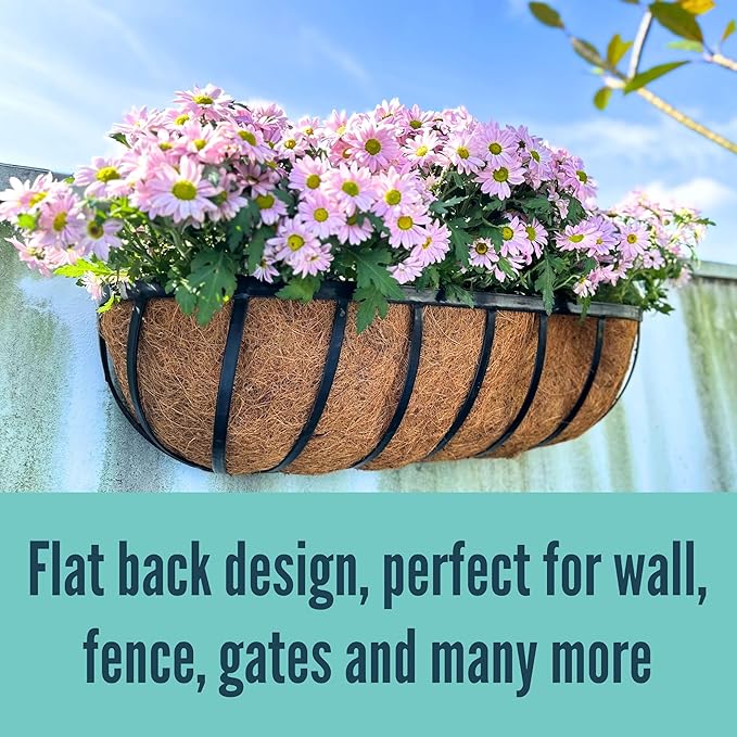 LaLaGreen Bundle- 2 Pack, 24 Inch Metal Basket with Coco Liner + 4 Pack, 11.8 Inch Black Metal Pot Wall Mount Hanging Window Rail Plant Flower Holder Bucket Box Countryside Style Garden Decor Outdoor