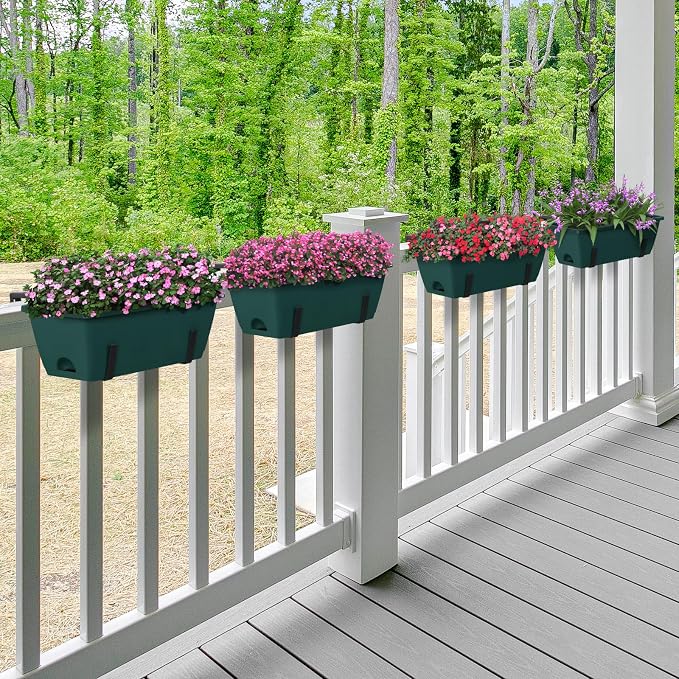 6 Pack Deck Railing Planter Boxes Outdoor Fence Planters with Drainage Holes, 17’’ Window Boxes Planters with Adjustable Metal Brackets for Garden, Balcony, Patio, Green