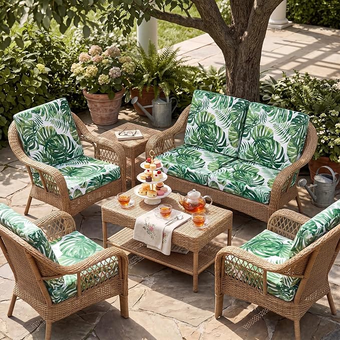 Newwiee 12 Pcs Patio Stretch Outdoor Cushion Covers Sofa Couch Cover Replacement Couch Slipcover Sofa Seat Chair Porch Patio Furniture Protector, Flexibility Washable (Green,Tropical Monstera)