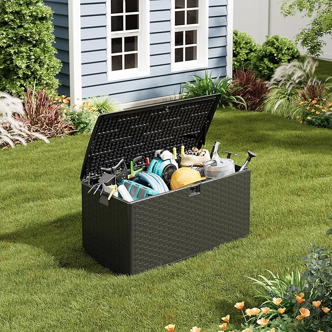 100 gal Outdoor Storage Box with Support Rod, Large Lockable Storage Container for Patio, Waterproof Storage Bin for Garden, Cushions, Tools,Black