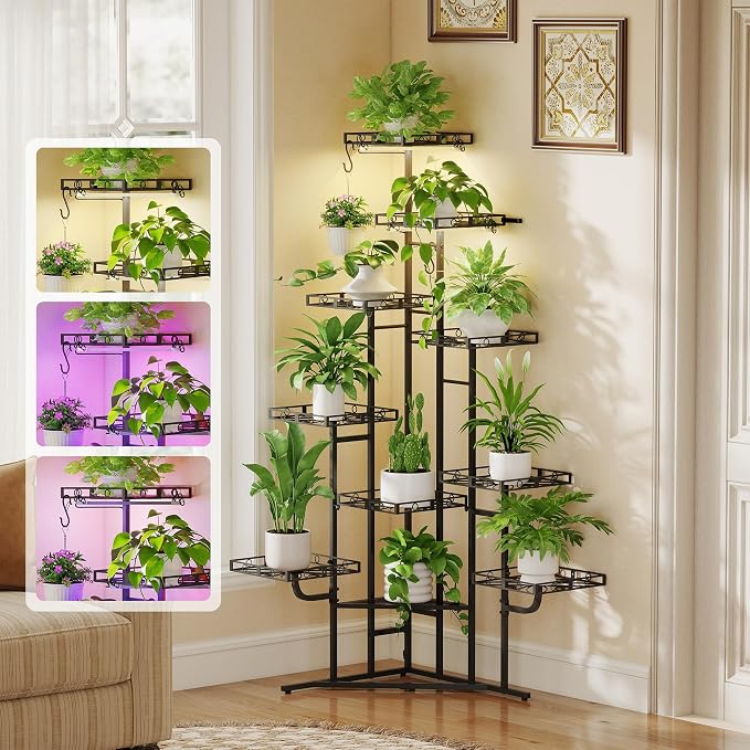 Quikraen Plant Stand Indoor with 2-Head Grow Lights, 58" Tall Lighted Corner Plant Shelf for Indoor Growing, 10-Tier Multiple Metal Large Flower Holder, Plant Rack for Home Decor, Patio (Black)