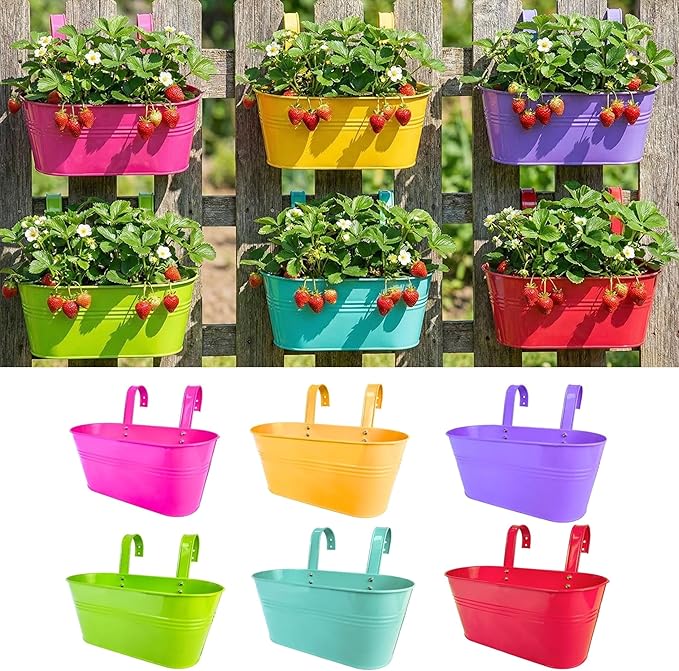 LaLaGreen Rail Planter (17 Inch, 6 Pack) Colorful Hanging Flower Railing Fence Balcony Gardening for Apartment Patio Planters Modern Garden Style Metal Iron Outdoor Deck Decoration Porch Decor Pots