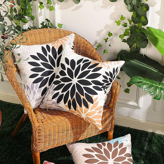 DFXSZ Black Brown Outdoor Pillow Covers 20x20 Inch Set of 2 White Gray Flower Throw Pillows Farmhouse Outdoor Modern Floral Polyester Square Cushion Case Decor for Patio Funiture Garden 002B20